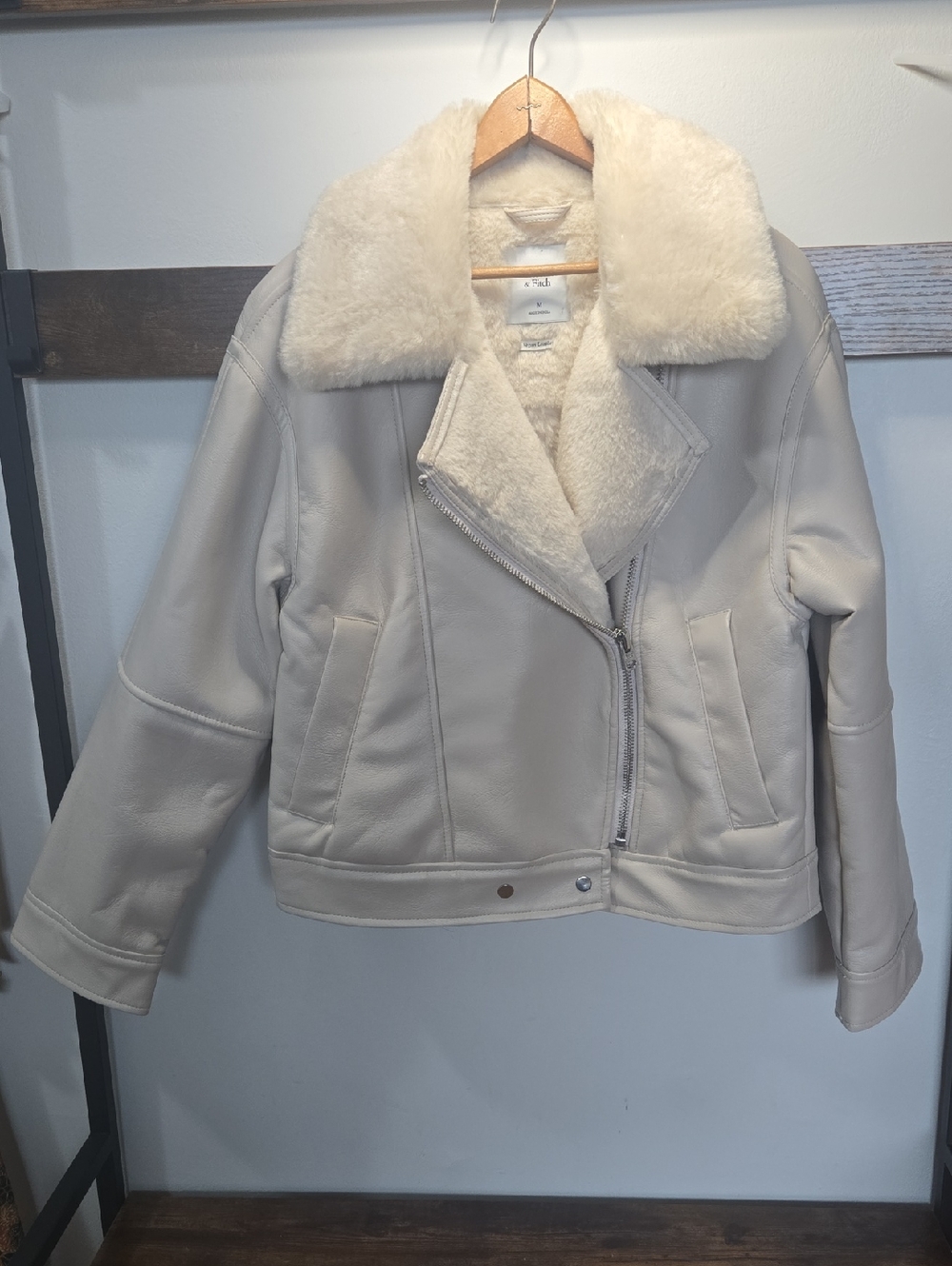Abercrombie & Fitch Cream Faux-Shearling Aviator Jacket